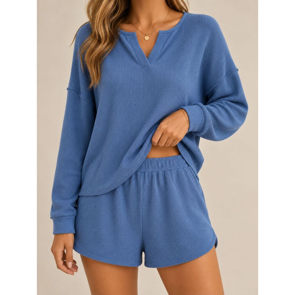Ekouaer Waffle Knit Lounge Set Blue XXL 2 Piece Pajama Shorts‎ Sleepwear